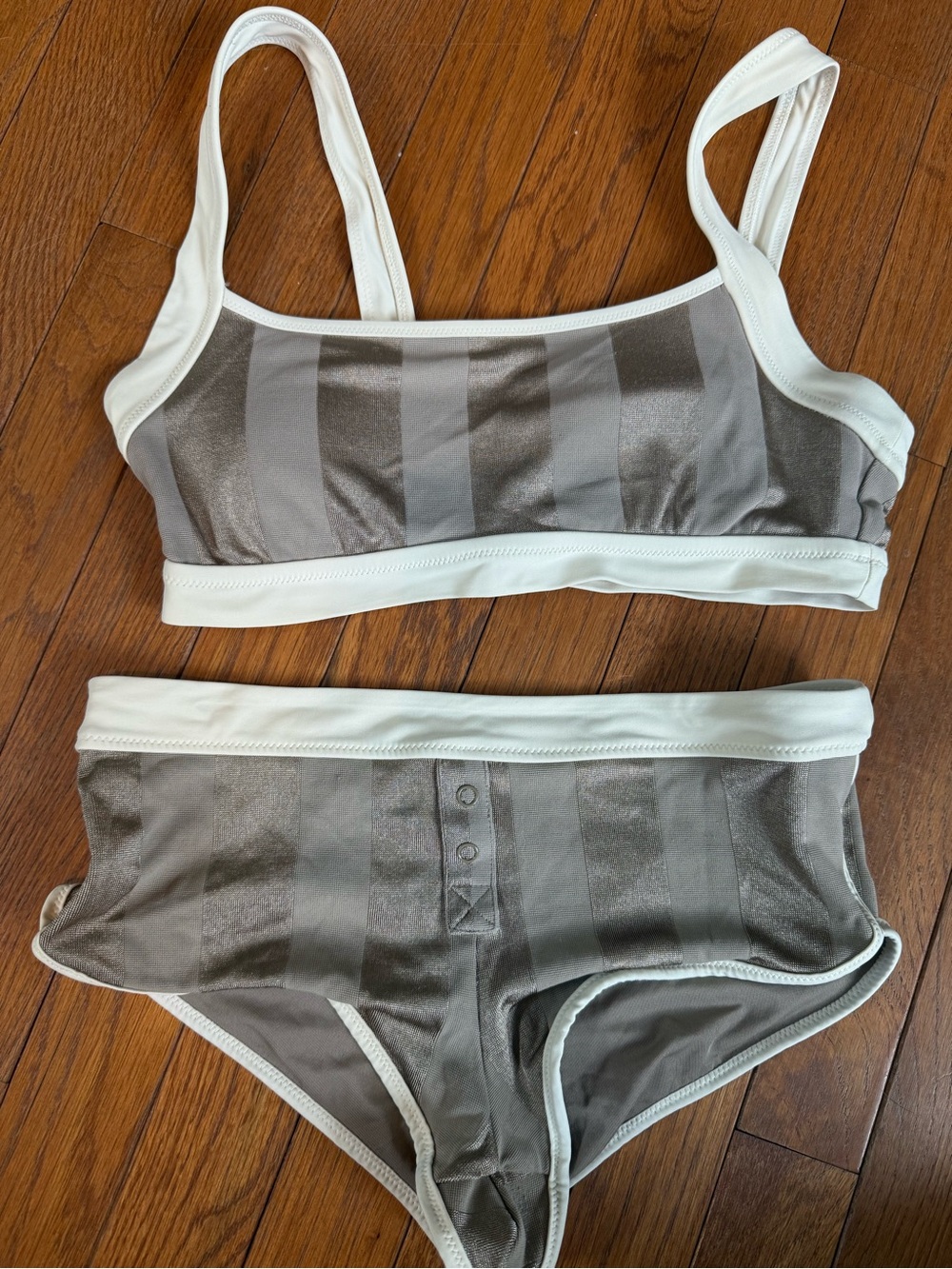 aerie Two-Piece Stripe Bikini Set in Gray and White